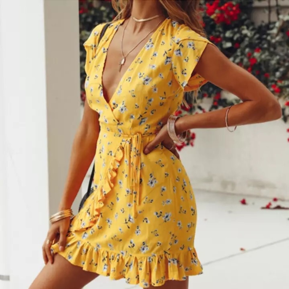 V- neck Yellow Floral Wrap Ruffle Sundress